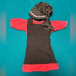 Amish Red Dress with Black Apron and Matching Bonnet for 18” doll